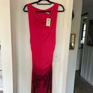 Cache Fuchsia Sleeveless Draped-Neck Maxi Dress with Printed Hem
